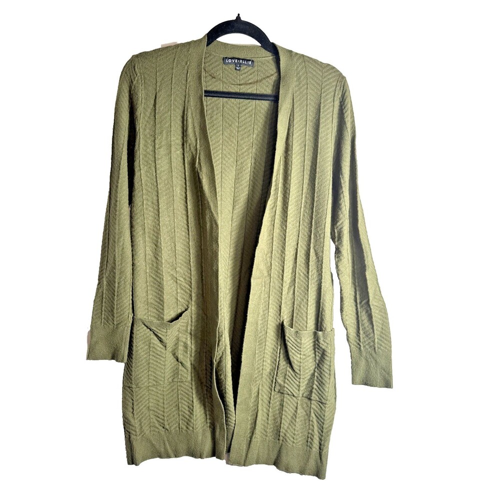 Love Ellie Green Sweater Women’s Small Open Front Herringbone Style Long Sleeve